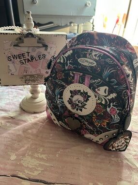 Ed Hardy Metallic Pink Floral Skull Mini Backpack